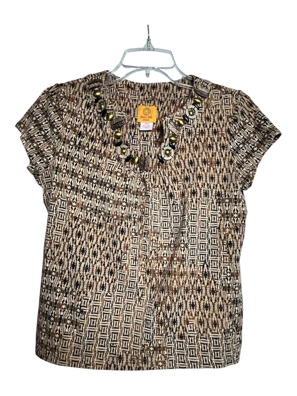 Ruby Rd. Brown Patterned Short Sleeve Blouse with Embellished Neckline